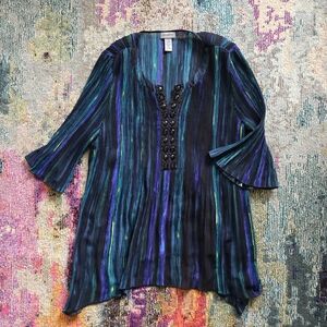 Catherines Blue Stripe Pleated Tunic Top with Rhinestones & 3/4 Bell Sleeves